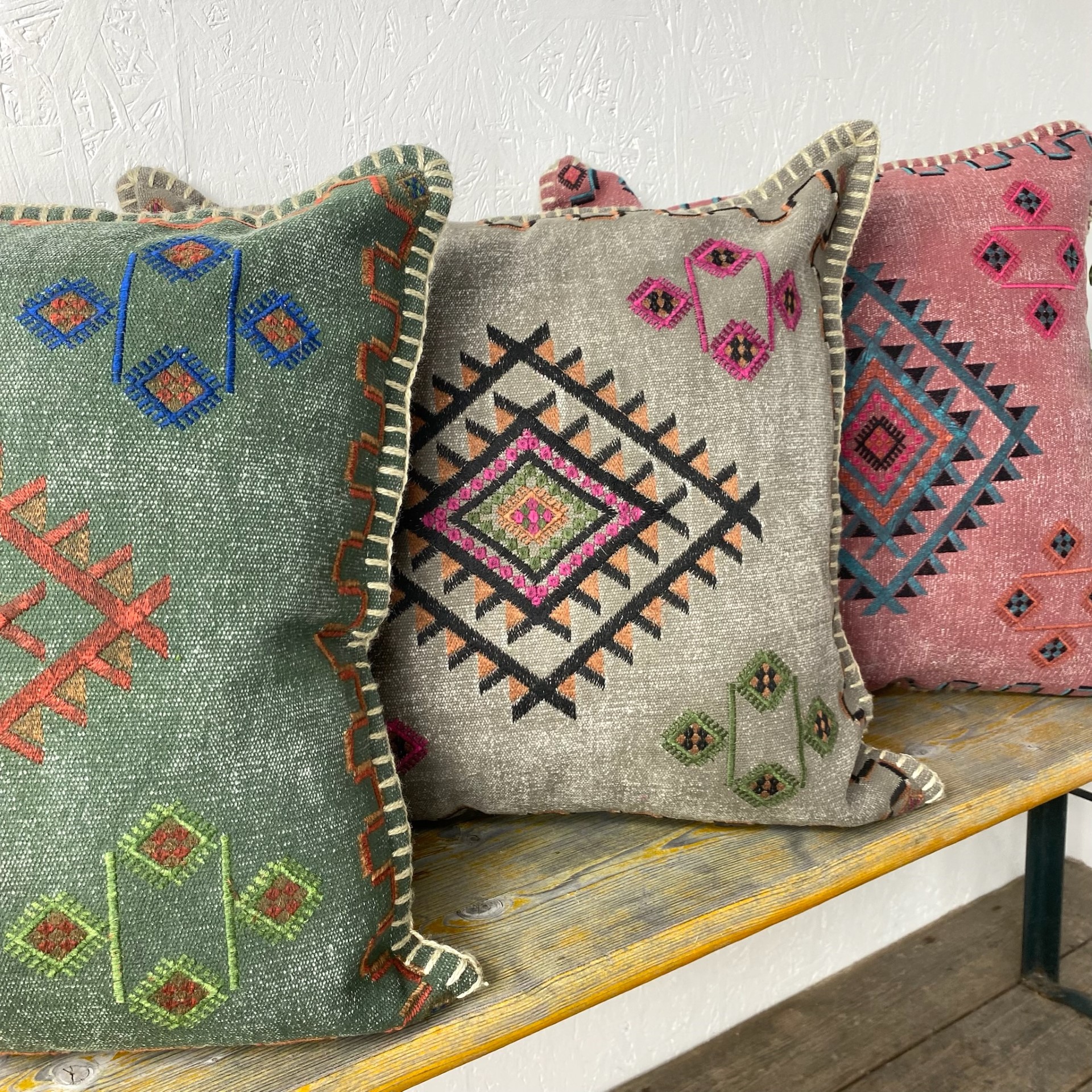 Cotton embroidered pattern cushion in 3 colours